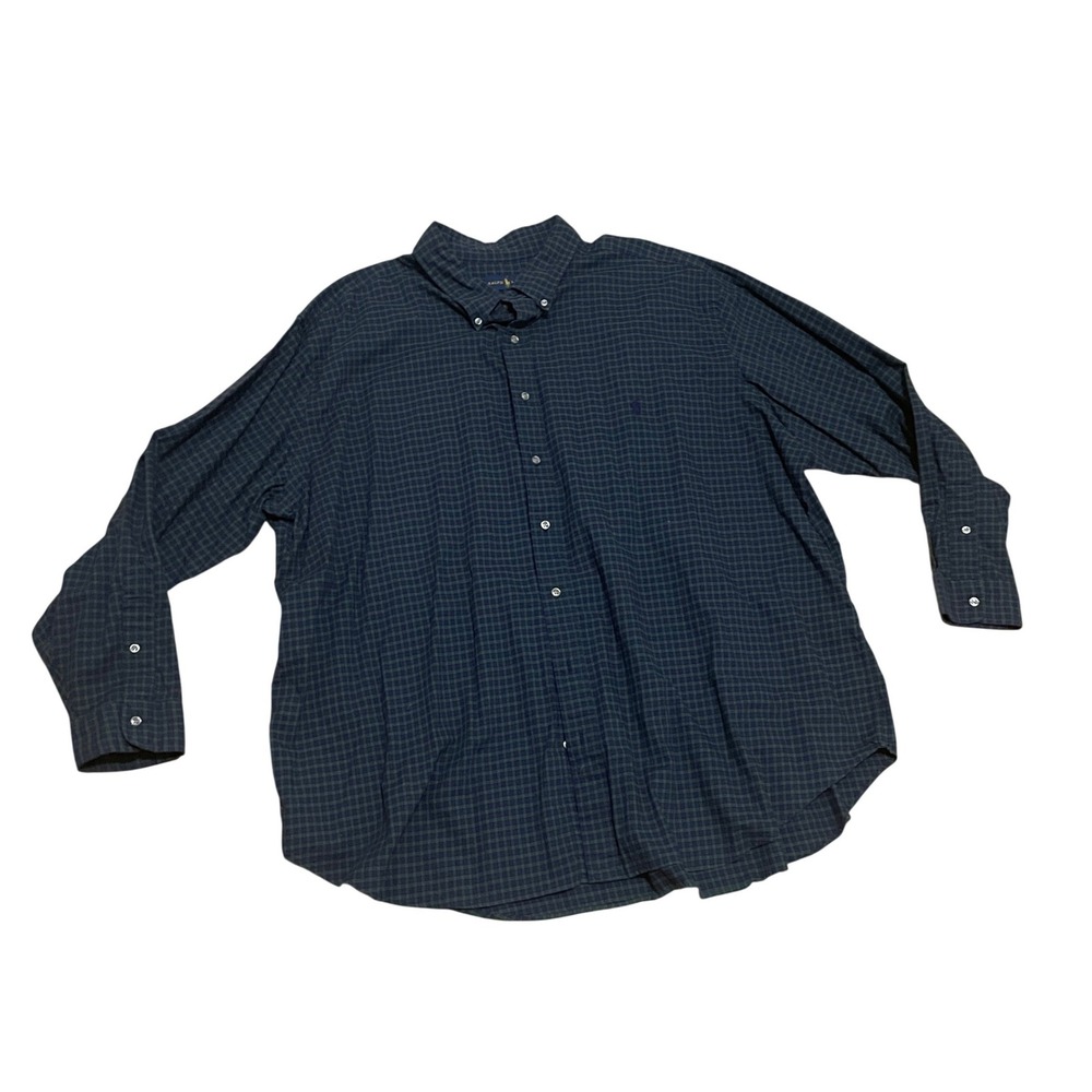 Ralph Lauren Mens 3XB Plaid Button Down Shirt Navy Green Cotton Long Sleeve Logo